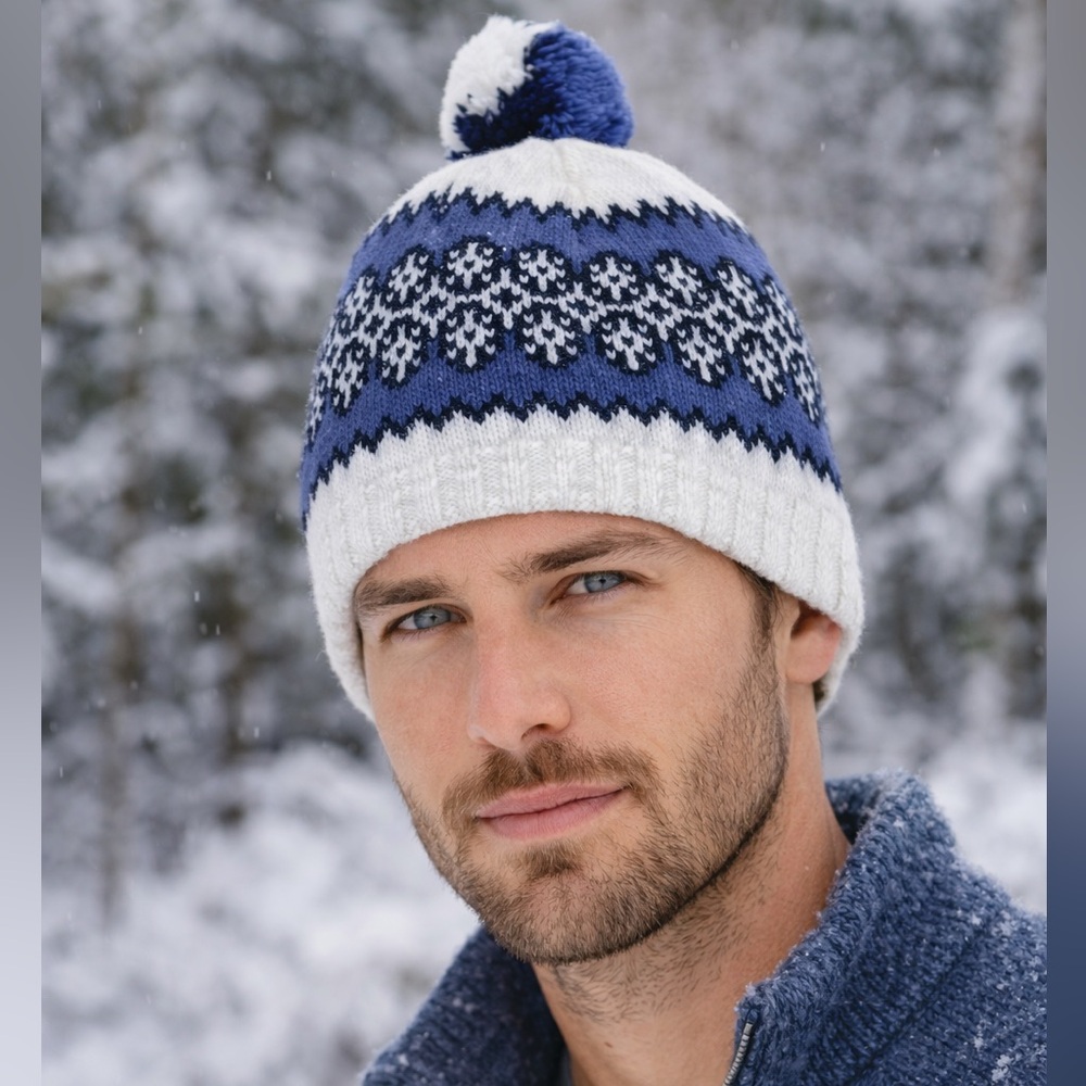 Vintage Wigwam Fair Isle Snowflake‎ Knitted Pompom Hat - OS